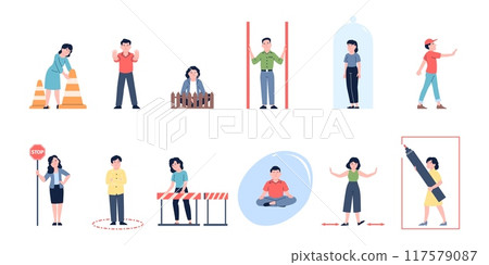 Personal boundaries. Introvert people doing private space and privacy. Self protect and access limit, self safe and safe zone, recent vector scenes Personal boundaries. Introvert people doing private space and privacy. Self protect and access limit, self safe and safe zone, recent vector scenes 117579087