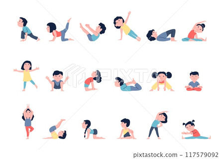 Children doing yoga. Pilates workout, kids sport training. Child stang different asana, kindergarten sporty lesson. Flat activity recent vector set 117579092