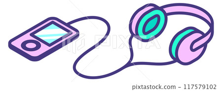 Music mp3 player with earphones color isometric icon 117579102