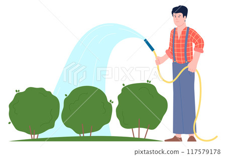Man watering bushes from hose. Gardening work illustration 117579178