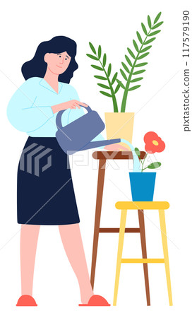 Woman watering houseplants from metal can. Urban jungle gardening Woman watering houseplants from metal can. Urban jungle gardening 117579190