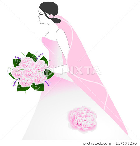 The bride in a wedding dress with a veil and a bouquet of pink peonies. 117579250