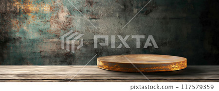 Illuminated Stone Platform with Warm Glow in Industrial Setting 117579359