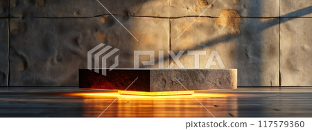Illuminated Stone Platform with Warm Glow in Industrial Setting 117579360