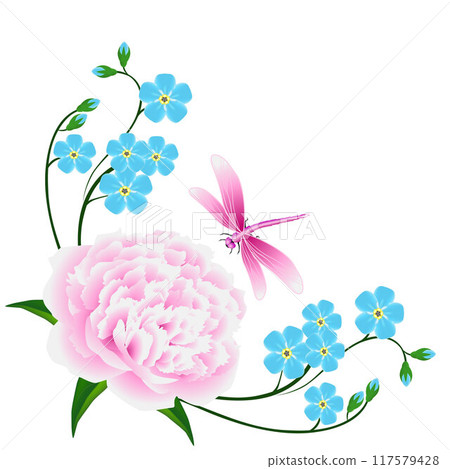 Corner with blue forget me not flowers and a pink peony with a dragonfly. 117579428