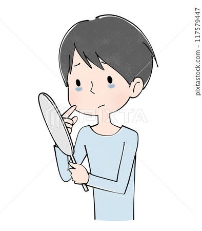 Blue bears - Illustration of a young man suffering from dark circles under his eyes Blue bears - Illustration of a young man suffering from dark circles under his eyes 117579447