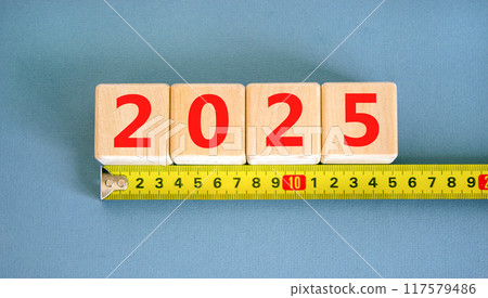 Business concept of 2025 new year symbol. Beautiful wooden cubes with number 2025 Happy new year. Yellow ruler. Beautiful blue white white background, copy space. Business 2025 happy new year concept. 117579486