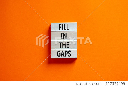Fill in the gaps symbol. Concept words Fill in the gaps on wooden blocks on a beautiful orange table orange background. Business, motivational and fill in the gaps concept. 117579499