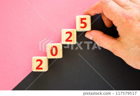 Business concept of 2025 new year symbol. Beautiful wooden cubes with number 2025 Happy new year. Businessman hand. Beautiful black purple background, copy space. Business 2025 happy new year concept. 117579517