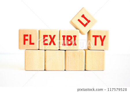 Flexibility symbol. Concept word Flexibility on beautiful wooden blocks. Beautiful white background. Business flexibility concept. Copy space. 117579528