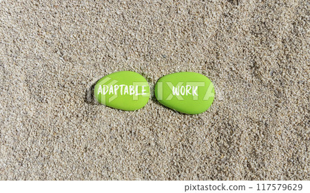 Adaptable work symbol. Concept words Adaptable work on beautiful green stone. Beautiful sea sand beach background. Business Adaptable work concept. Copy space. 117579629