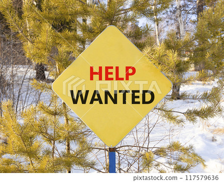 Help wanted and support symbol. Concept words Help wanted on beautiful yellow road sign. Beautiful forest snow blue sky background. Business, support, help wanted concept. Copy space. Help wanted and support symbol. Concept words Help wanted on beautiful yellow road sign. Beautiful forest snow blue sky background. Business, support, help wanted concept. Copy space. 117579636