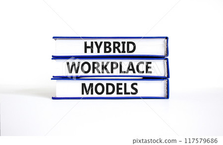 Hybrid workplace models and support symbol. Concept words Hybrid workplace models on books. Beautiful white table white background. Business and Hybrid workplace models quote concept. Copy space 117579686