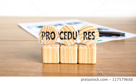 Procedures symbol. Concept word Procedures on beautiful wooden circles. Beautiful wooden table white background. Black pen. White document. Business procedures concept. Copy space. Procedures symbol. Concept word Procedures on beautiful wooden circles. Beautiful wooden table white background. Black pen. White document. Business procedures concept. Copy space. 117579688