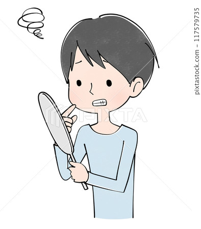 Illustration of a young man looking at his teeth in a hand mirror and making a troubled face 117579735