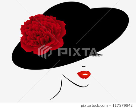 Portrait of a girl in a hat with a red pion. Portrait of a girl in a hat with a red pion. 117579842