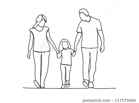 Happy family walks together. One line drawing vector illustration. Happy family walks together. One line drawing vector illustration. 117579888