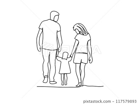 Happy family walks together. One line drawing vector illustration. Happy family walks together. One line drawing vector illustration. 117579893