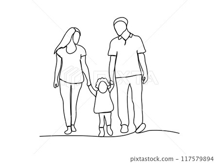 Happy family walks together. One line drawing vector illustration. 117579894