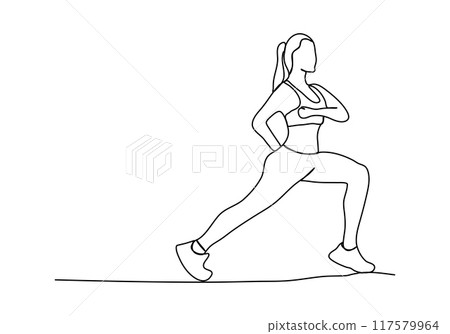 Girl doing sport exercises. One line drawing vector illustration. 117579964