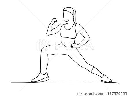Girl doing sport exercises. One line drawing vector illustration. 117579965