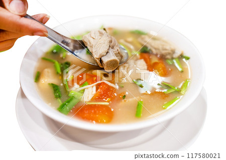 Top view of Thai Pork Ribs Spicy Soup, focus selective Top view of Thai Pork Ribs Spicy Soup, focus selective 117580021