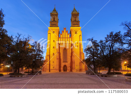 Cathedral of St. Peter and Paul in Poznan at dawn with Gothic towers in soft morning light. 117580033