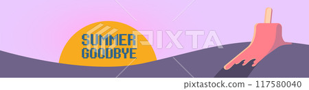 vector goodbye summer vintage concept horizontal illustration with melt ice cream on ultraviolet sky background. End of summer horizontal wide banner and background 117580040