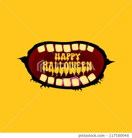 Vector Happy halloween cartoon greeting card with funny zombie monster open mouth with rotten teeth isolated on orange background. Vector Halloween poster and flyer with funny orange monster mouth. Vector Happy halloween cartoon greeting card with funny zombie monster open mouth with rotten teeth isolated on orange background. Vector Halloween poster and flyer with funny orange monster mouth. 117580048