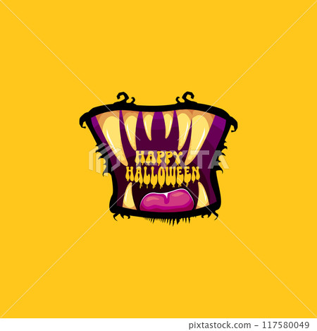 Vector Happy halloween cartoon greeting card with funny zombie monster open mouth with rotten teeth isolated on orange background. Vector Halloween poster and flyer with funny orange monster mouth. Vector Happy halloween cartoon greeting card with funny zombie monster open mouth with rotten teeth isolated on orange background. Vector Halloween poster and flyer with funny orange monster mouth. 117580049