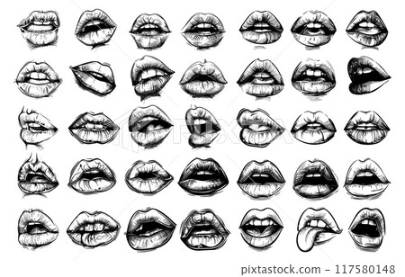 Lips sketches set. Beautiful female mouth, woman lip with teeth smile element fashion vintage pencil drawing girl face makeup vector illustration 117580148