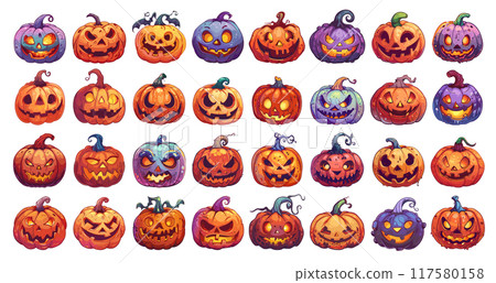 Halloween pumpkins set. Horror pumpkin autumn celebration fear symbol spooky lantern holiday decoration smiling jack face grinning facial expression character creepy carving teeth vector illustration 117580158