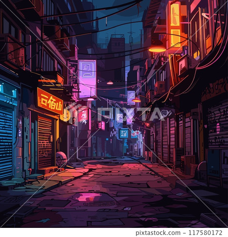 Empty cyberpunk street. Cyber night city poster anime art, glowing lights buildings with hanging wires dark urban sidewalk retro futuristic comic background vector illustration 117580172