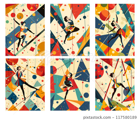 Circus aerialist poster. Air acrobat abstract retro posters, performer fun carnival girl gymnast show vector illustration 117580189