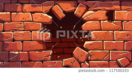Cartoon brickwall hole. Broken brick wall with break and holes, rough material cement block grunge destruction facade freedom concept game background vector illustration Cartoon brickwall hole. Broken brick wall with break and holes, rough material cement block grunge destruction facade freedom concept game background vector illustration 117580203