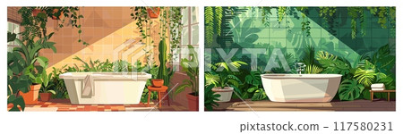 Bathroom backgrounds. Indoors domestic bathroom with bath and green plants, clean flooring hygiene shower body washing room modern home eco interior vector illustration 117580231
