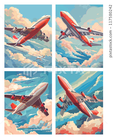 Airplane poster. Aircraft retro posters, flight travel aviation sky transport air jet airline voyage vector illustration 117580242