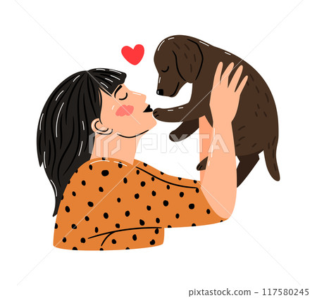 Woman holds a puppy in her arms. Happy life with a pet illustration 117580245