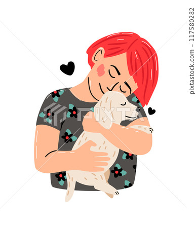 Little girl hugs puppy. Relaxing friendship of kid and pet with hearts isolated on white background, vector illustration Little girl hugs puppy. Relaxing friendship of kid and pet with hearts isolated on white background, vector illustration 117580282