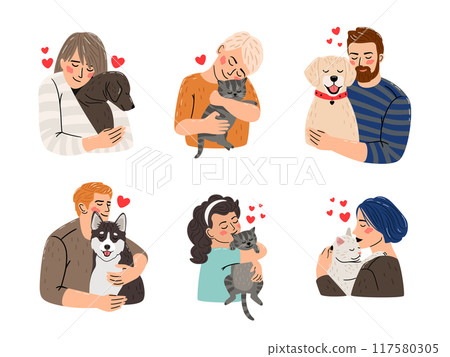 Children love dogs and cats vector on white background. Kids hug puppies. People and pets friendship, happy lifestyle colorful illustration Children love dogs and cats vector on white background. Kids hug puppies. People and pets friendship, happy lifestyle colorful illustration 117580305