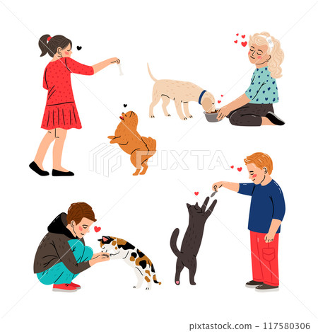 Children feed pets. Girl takes care of a dog. Boy plays with a cat Children feed pets. Girl takes care of a dog. Boy plays with a cat 117580306