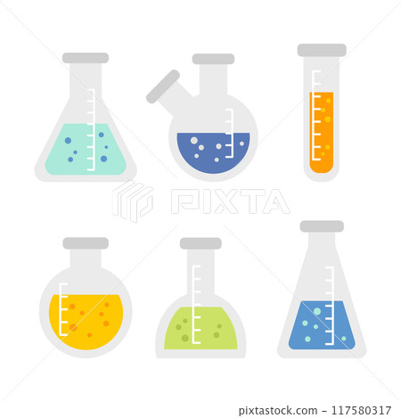 Chemical flasks different shapes with colored liquid set cartoon flat illustration. Vector illustration 117580317
