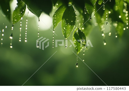 Fresh raindrops hanging delicately from green leaves Fresh raindrops hanging delicately from green leaves 117580443
