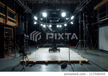 Professional film studio with cameras, lighting equipment 117580445