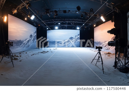 Professional film studio with cameras, lighting equipment Professional film studio with cameras, lighting equipment 117580446