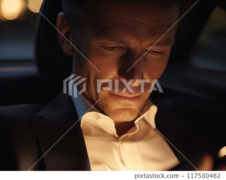 Close-up of a serious man in a car Close-up of a serious man in a car 117580462