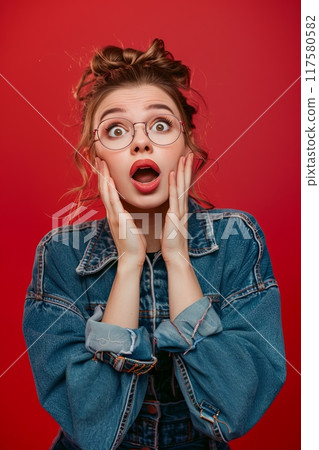 Surprised young woman on red background. Surprised young woman on red background. 117580582