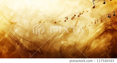 Golden abstract background featuring flowing musical notes and staff lines. 117580583