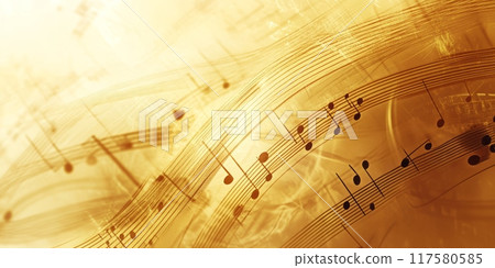 Golden abstract background featuring flowing musical notes and staff lines. 117580585