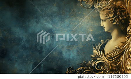 abstract background with classical fine art and baroque elements and statues, rich gold and dark blue shades 117580593
